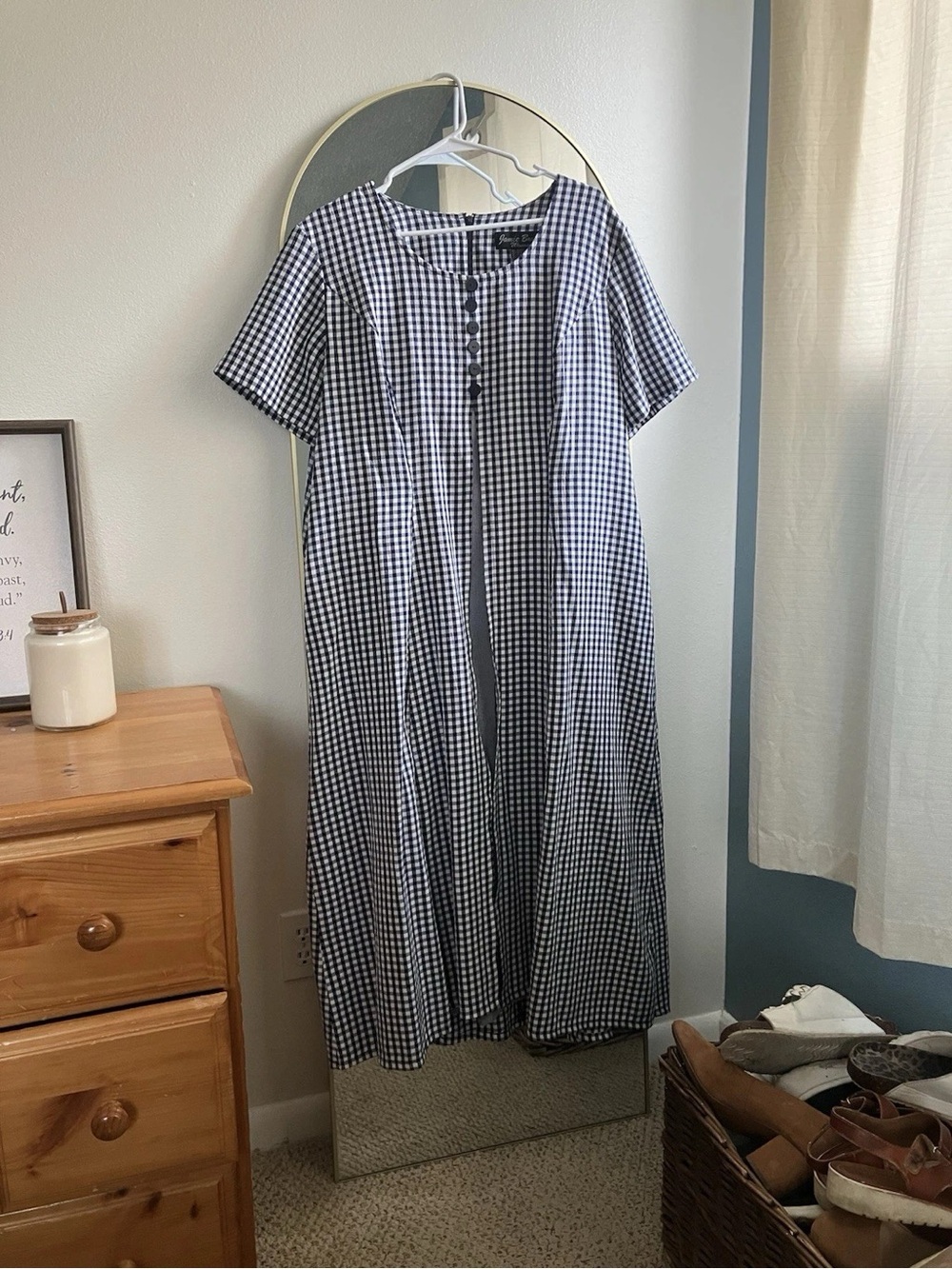 Black and White Gingham Midi Dress with Button Front
